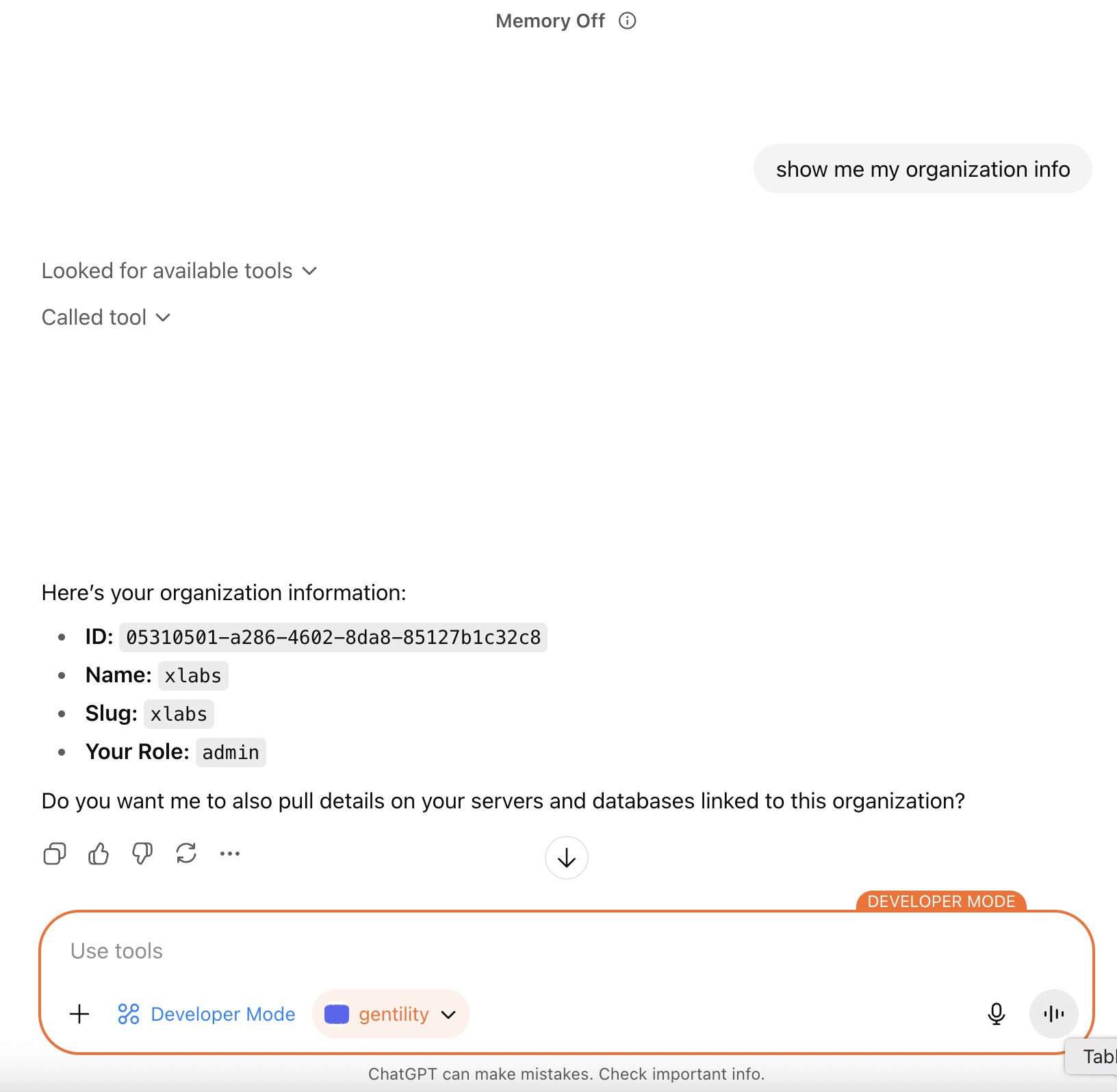 Result showing organization information returned via Gentility
