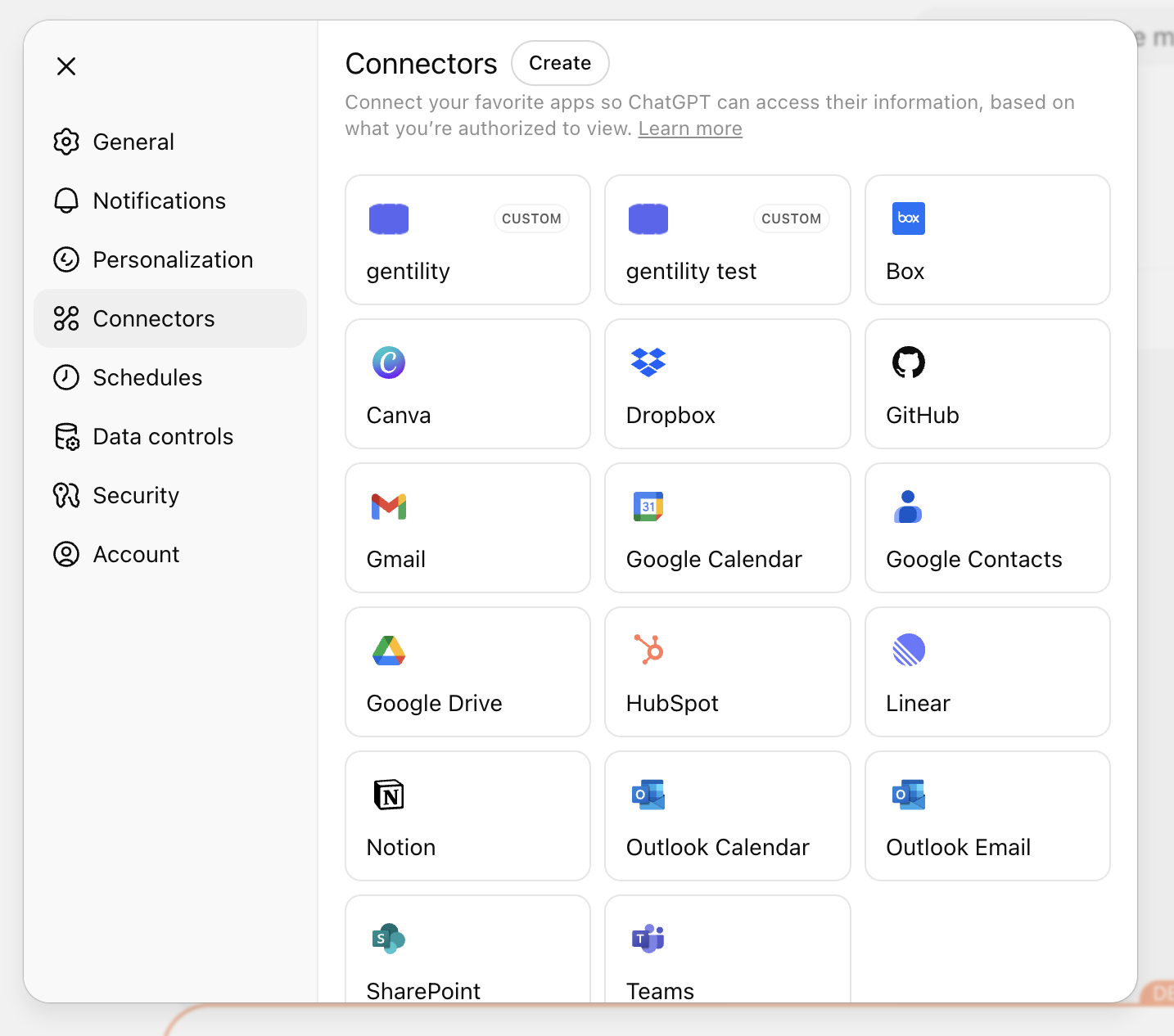 ChatGPT connectors panel listing Gentility as a custom connector