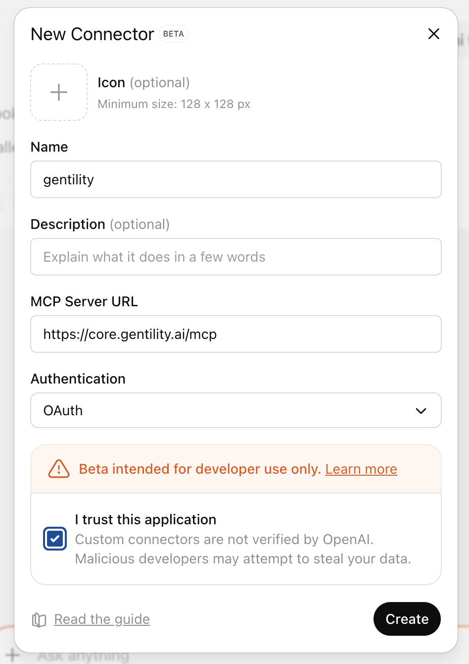 ChatGPT new connector modal filled with the Gentility MCP URL