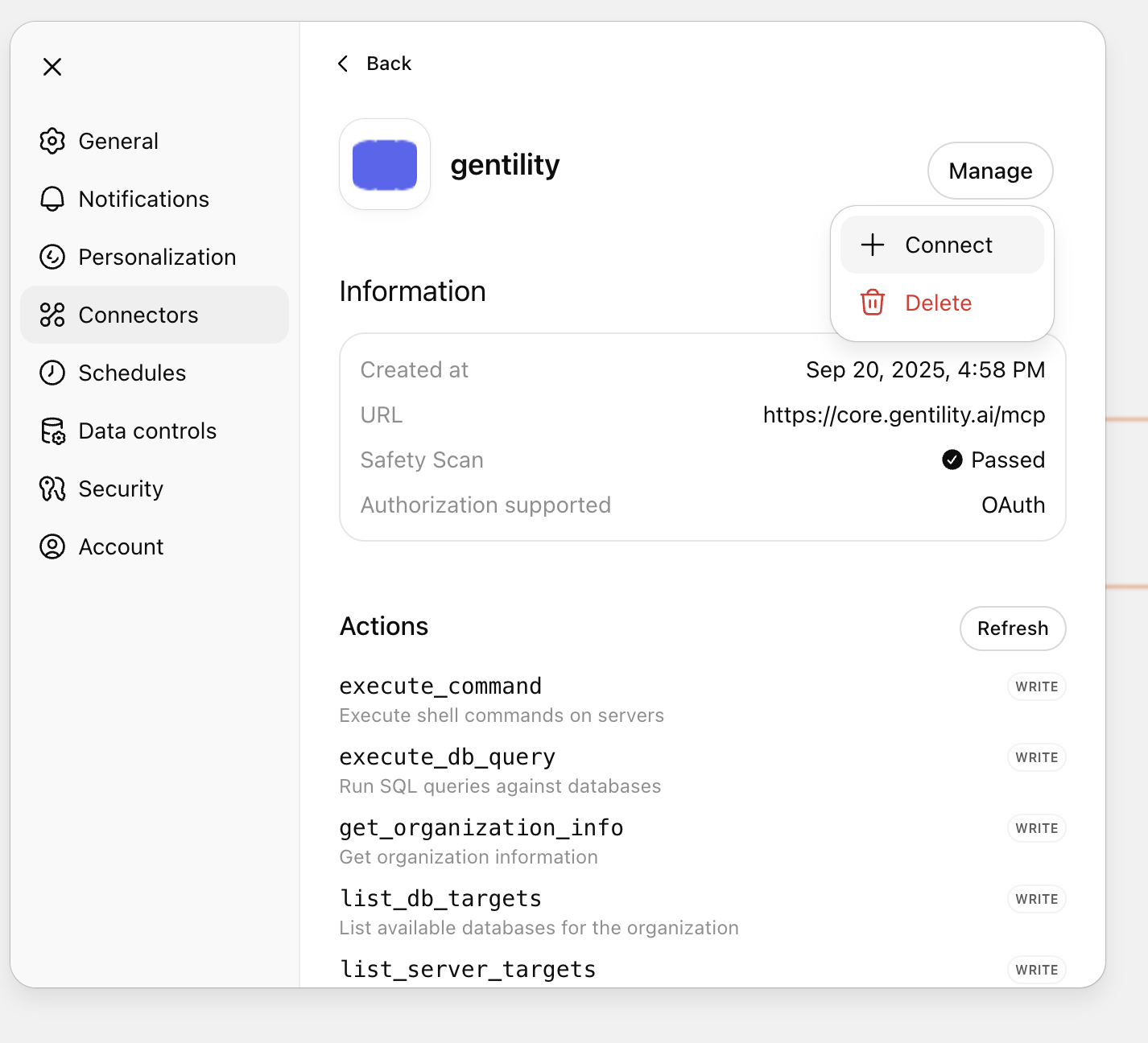 ChatGPT connector detail page with Connect action highlighted