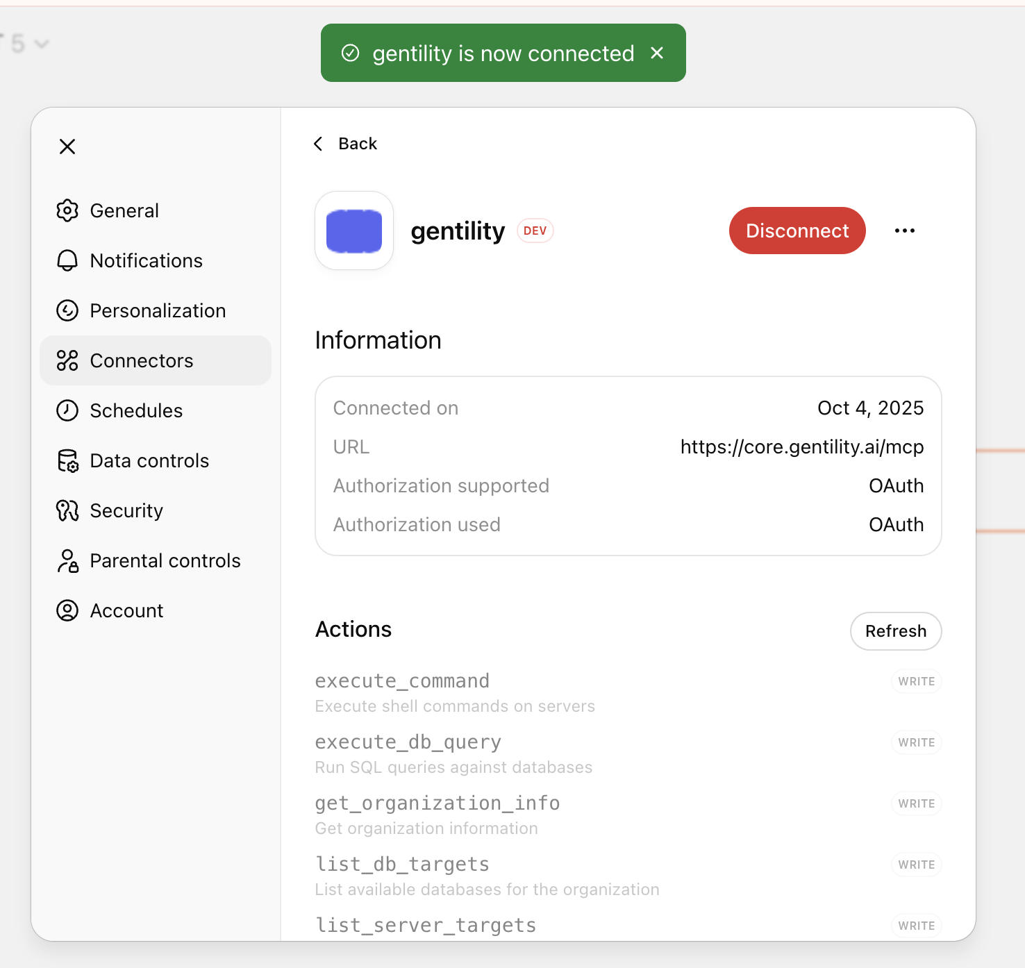 ChatGPT connector detail page showing Gentility connected