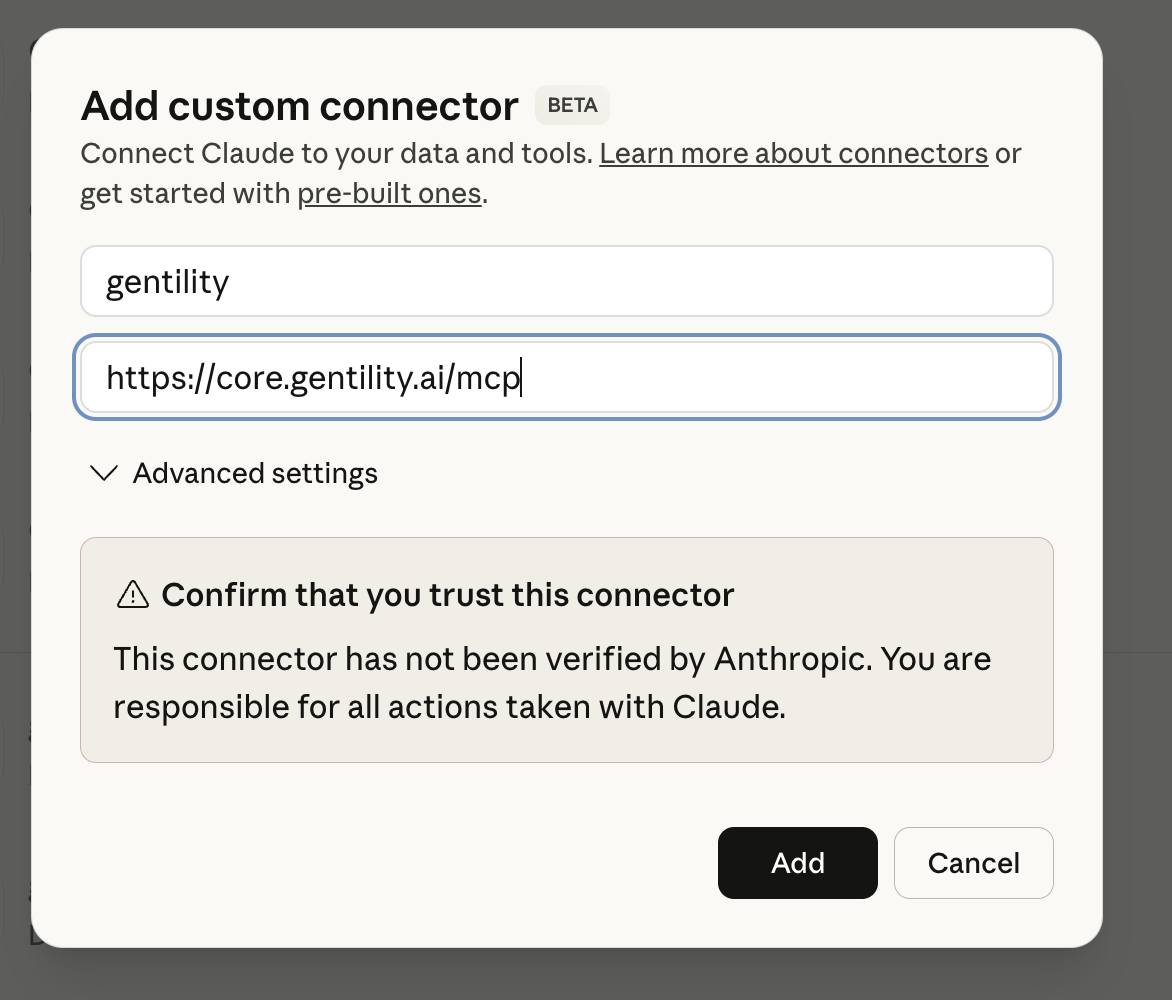 Claude add custom connector modal with the Gentility MCP URL