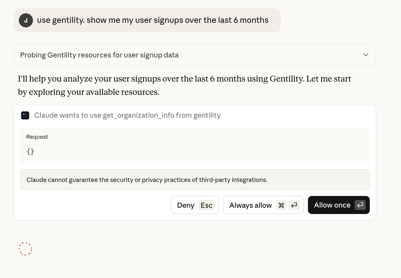 Claude requesting permission to call Gentility get_organization_info