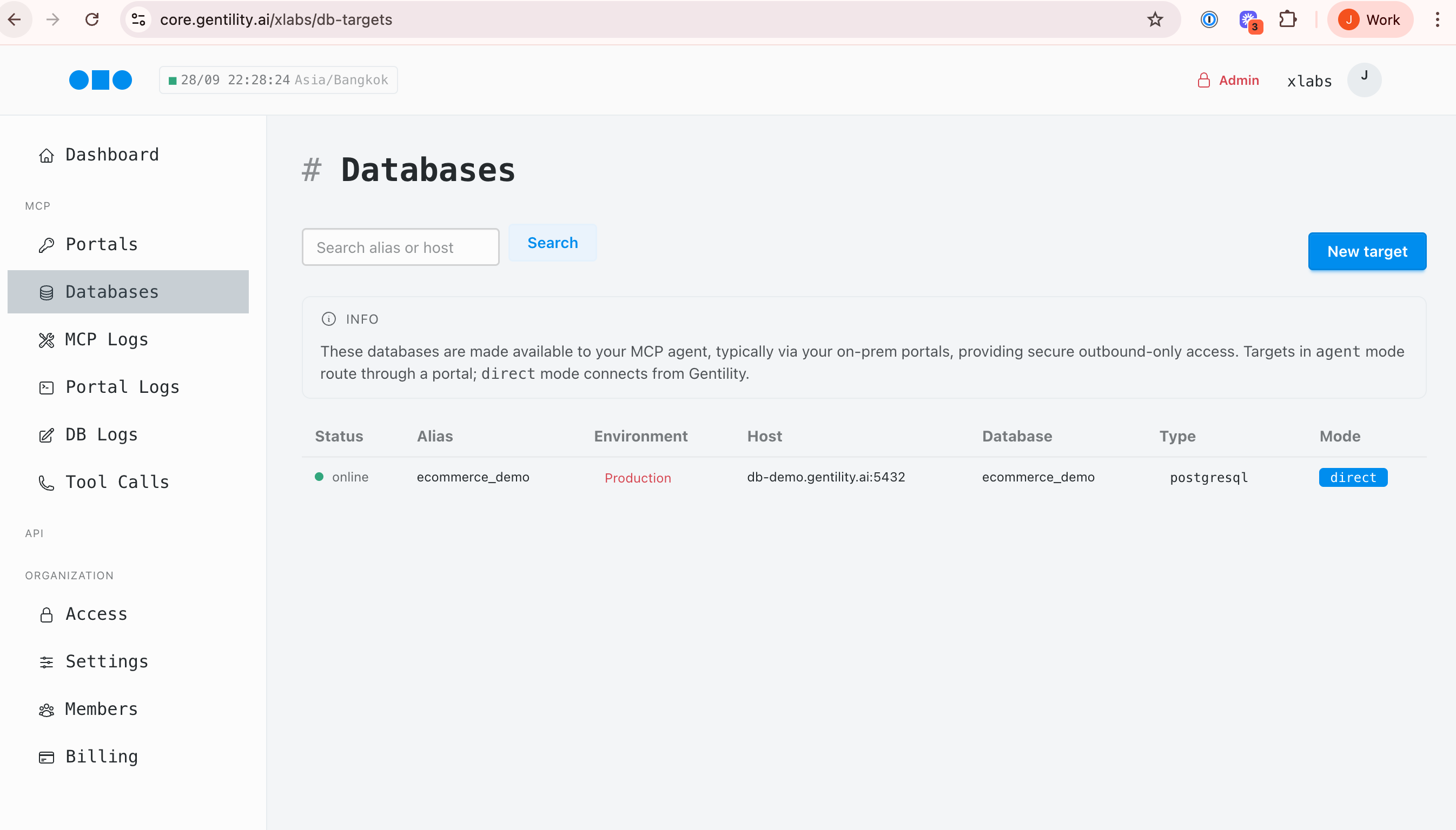 Gentility Console databases list showing a connected ecommerce demo target