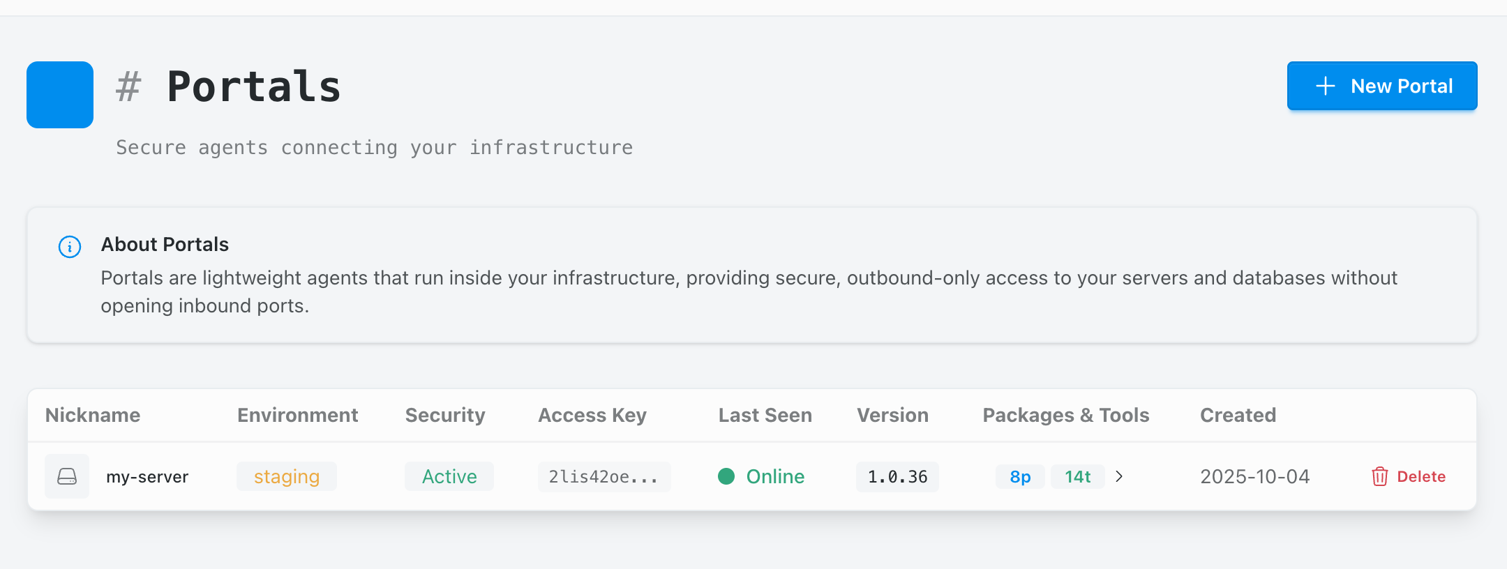 Portal detail page showing status online