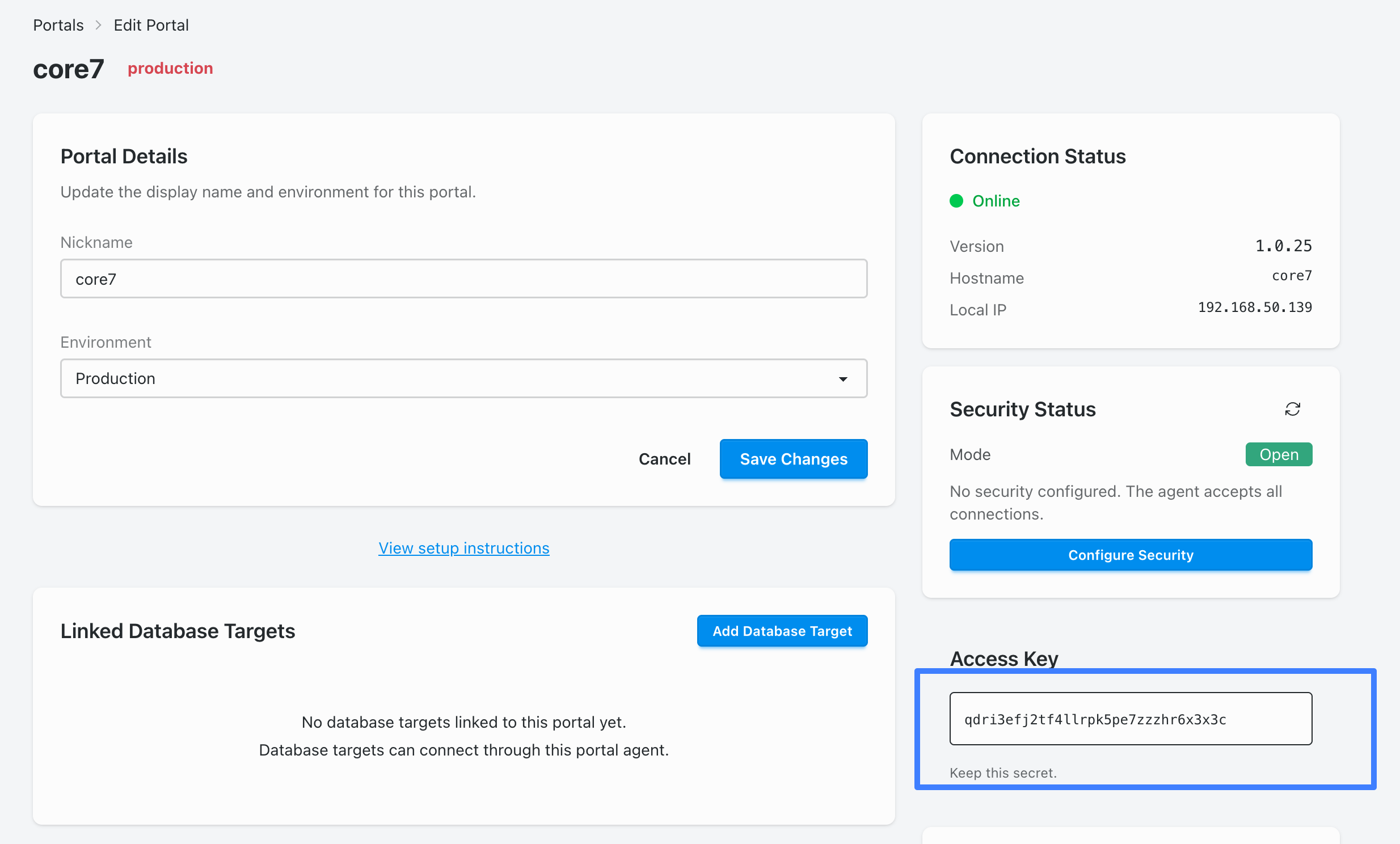 Portal configuration panel with the access token visible